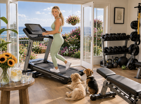 SJ treadmill in home gym