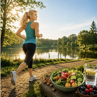 SJ jogging by lake with produce
