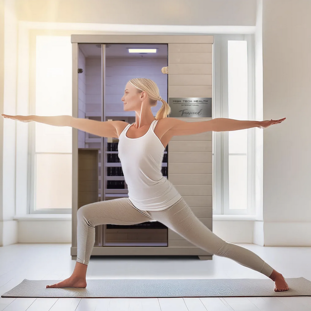 Yoga in front of sauna