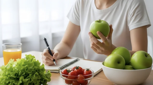 Lady at desk with simple apple tomatoes